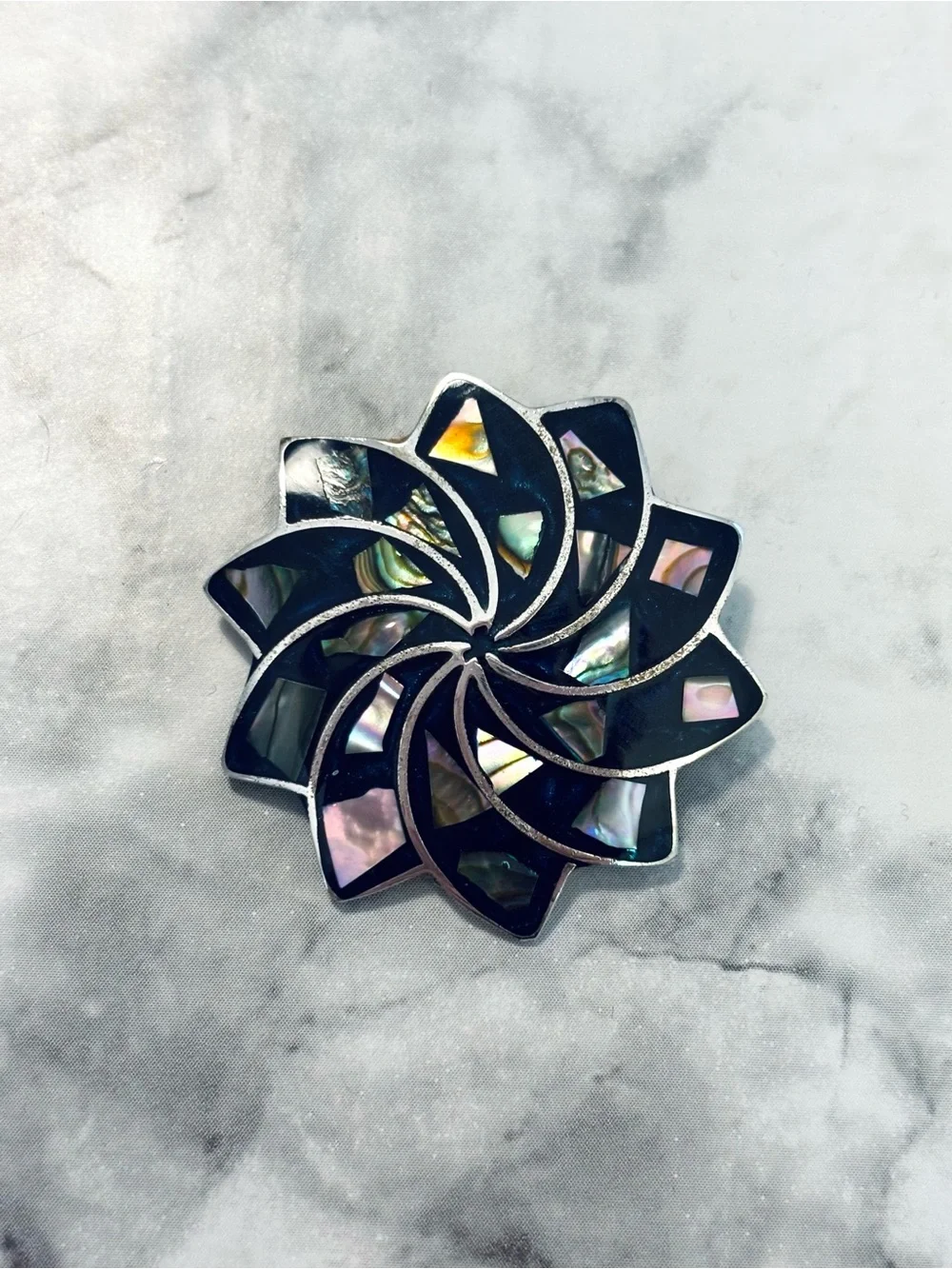 Vintage Abalone Inlay Silver Tone Brooch Pendant Made in Alpaca Mexico